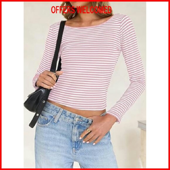 Striped Backless Crop Top Long Sleeve Blouse Y2K Boat Neck - Picture 3 of 8